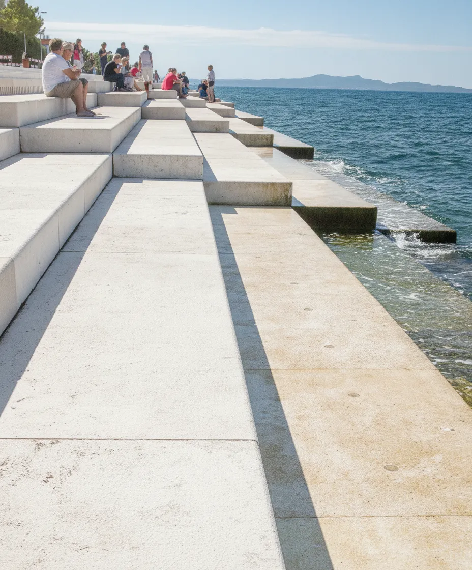 People sitting on white marble steps by the sea, listening to the Sea Organ in Zadar, Croatia