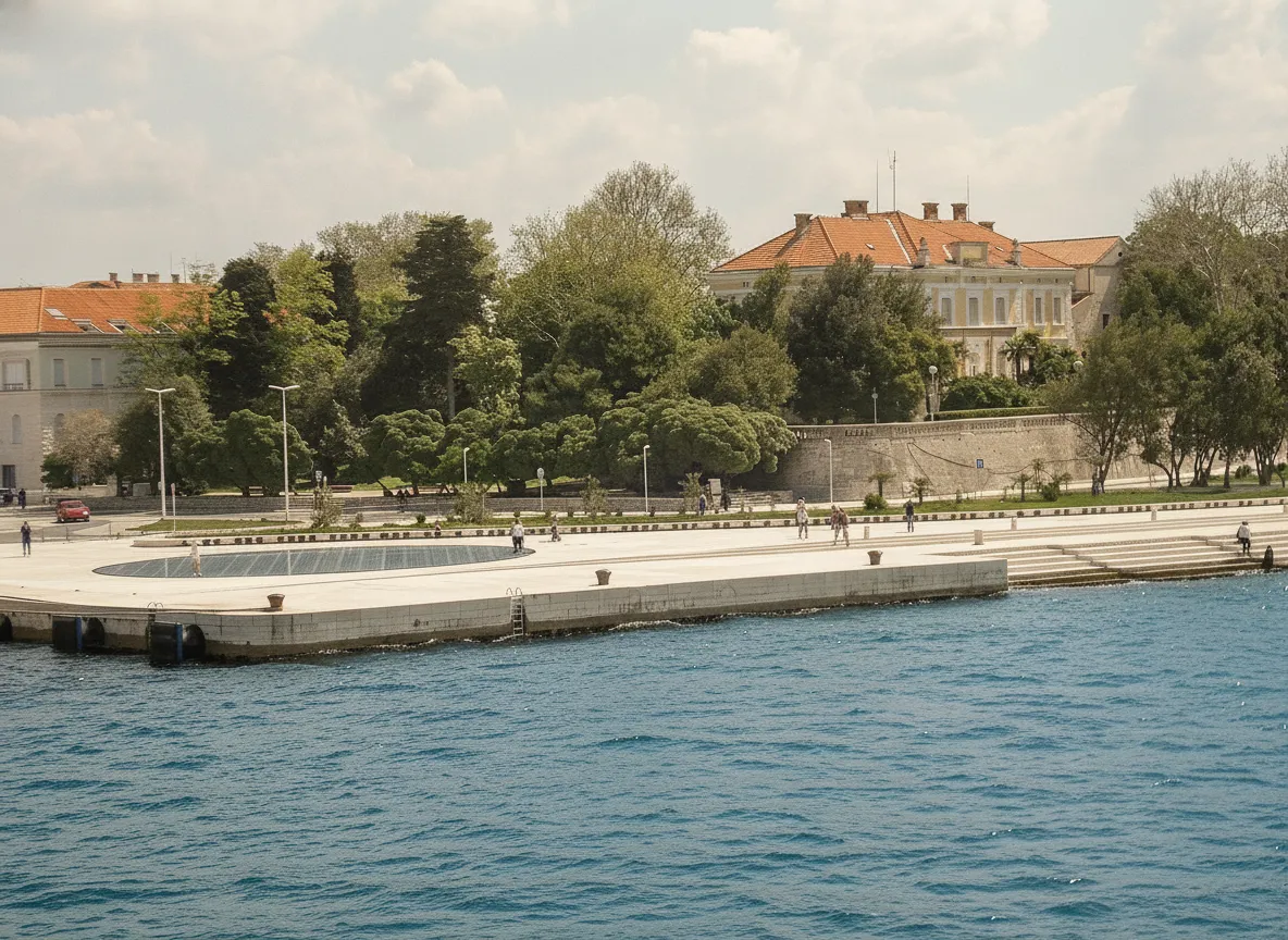 Close up of the marble steps of the Sea Organ with small openings, showing the sea gently lapping against them.