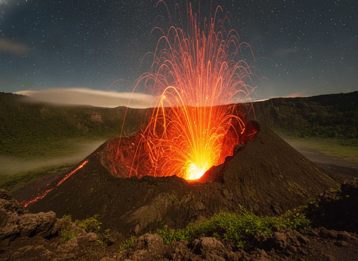 Molten lava bombs exploding high above the crater of Mount Yasur at night