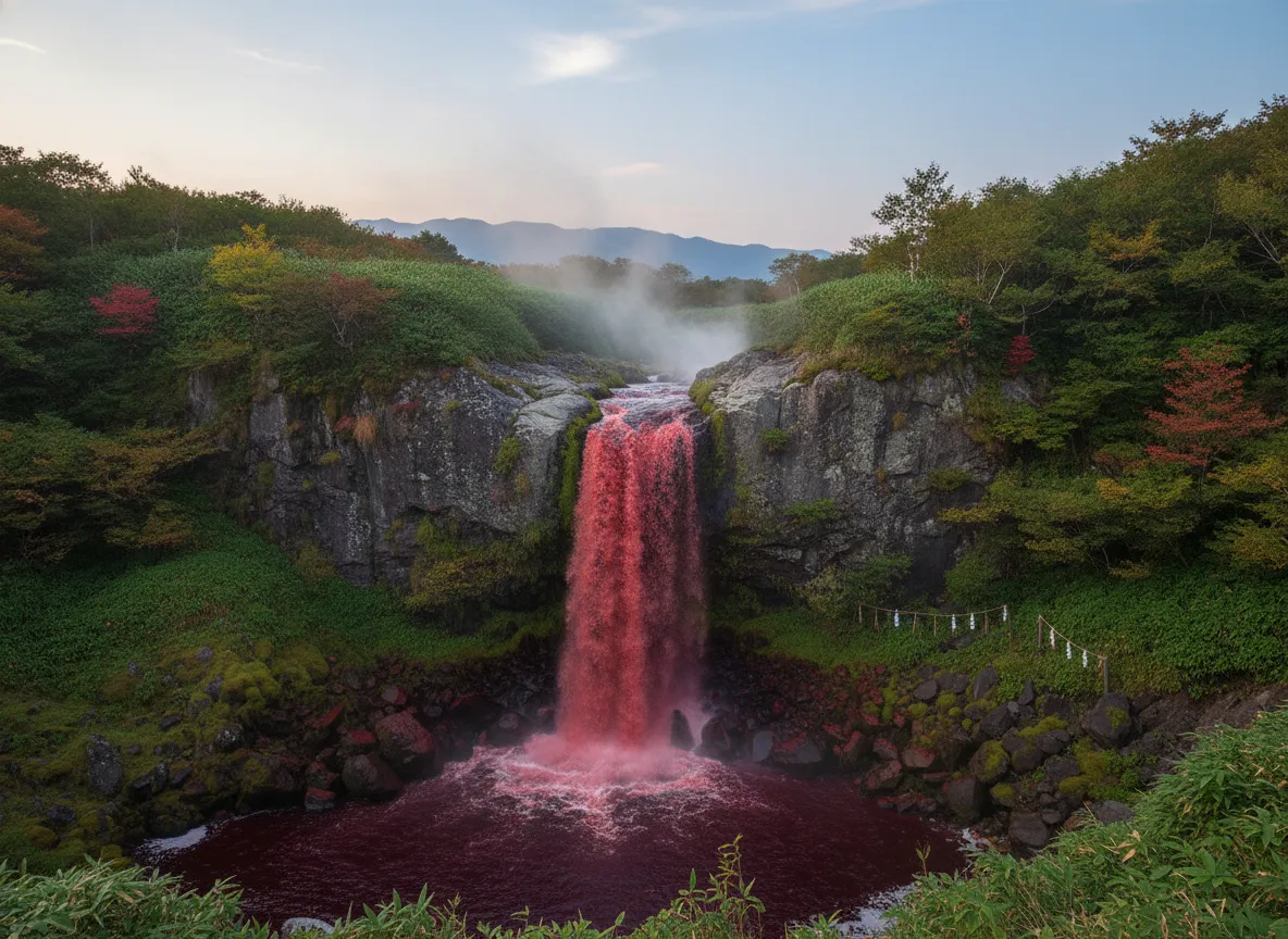Mist rising from a red-tinged hot spring waterfall in a sacred Japanese mountain setting, surrounded by lush greenery.