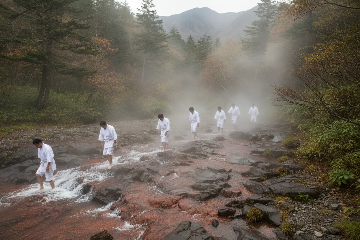 A traditional Japanese torii gate standing at the entrance to a forested mountain path, inviting pilgrims.