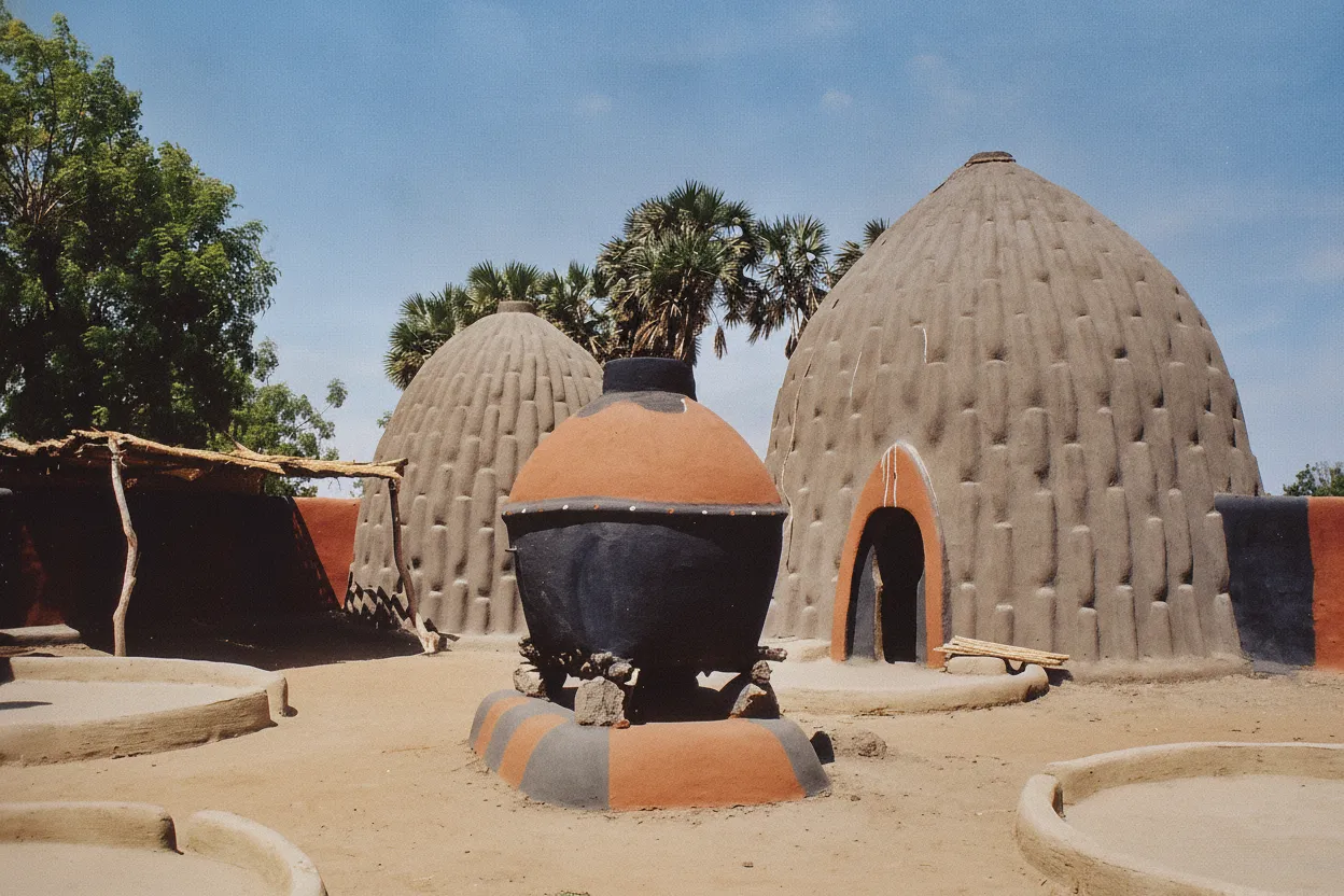 A close-up view of a Mousgoum Case Obus, showcasing its ribbed mud exterior and pointed dome against a blue sky.