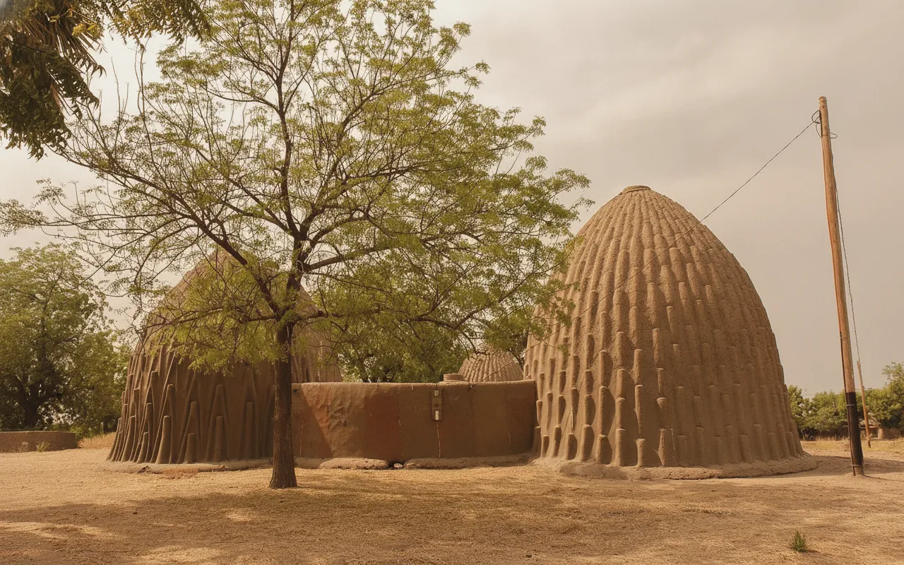 A wide shot of Mousgoum village, showing multiple mud beehive houses clustered together under a vast sky.