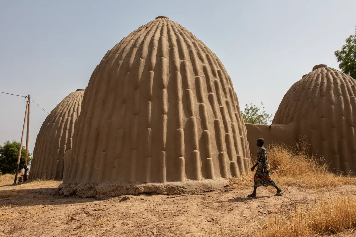 A Mousgoum woman standing outside her mud house, showcasing traditional attire and daily life.