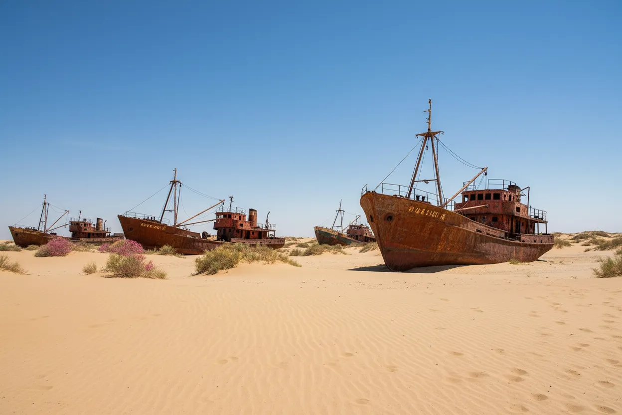 Vast desert landscape with several rusted ship hulls, stretching towards a hazy horizon in Moynaq, Uzbekistan