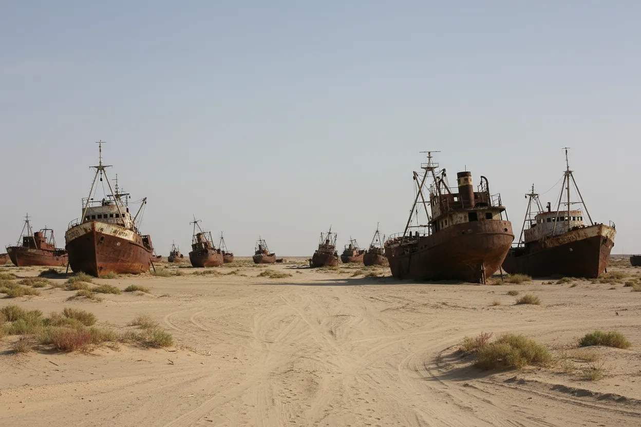 Close-up of a large rusted fishing trawler hull, partially buried in sand, with a clear blue sky overhead in Moynaq