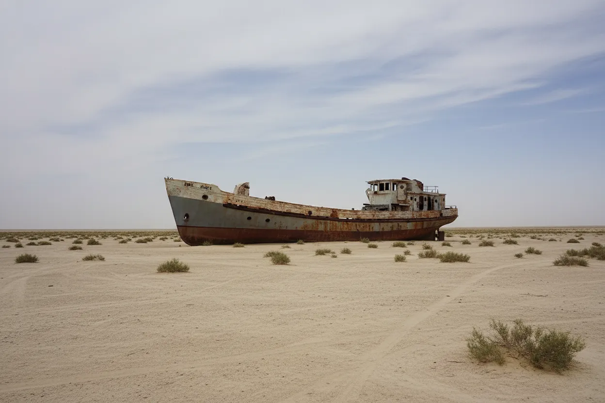 The Aral Sea Memorial in Moynaq, a monument overlooking the former sea bed with a ship hull in the distance