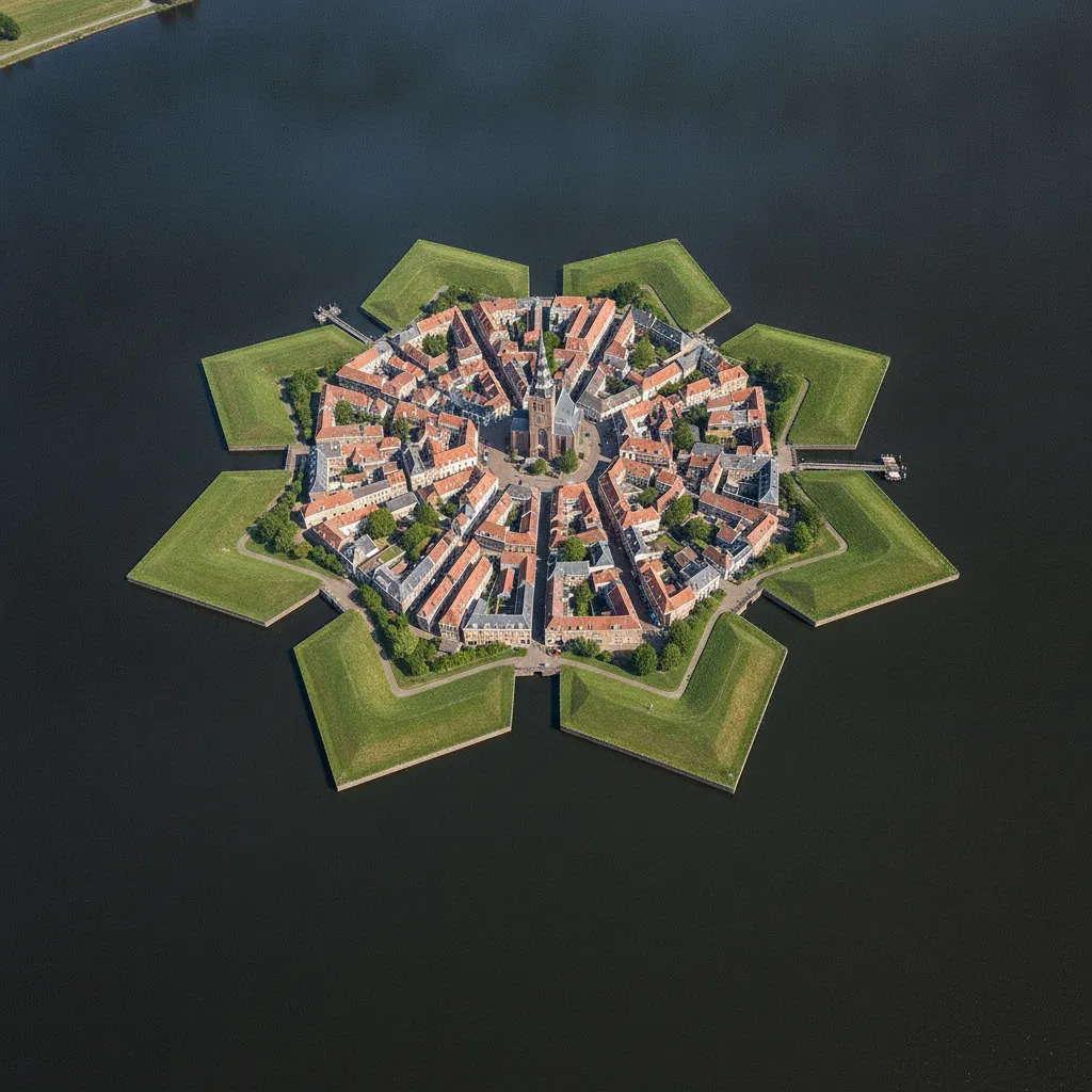 Aerial view of Naarden Vesting, showing its perfect twelve-pointed star shape surrounded by moats and green ramparts