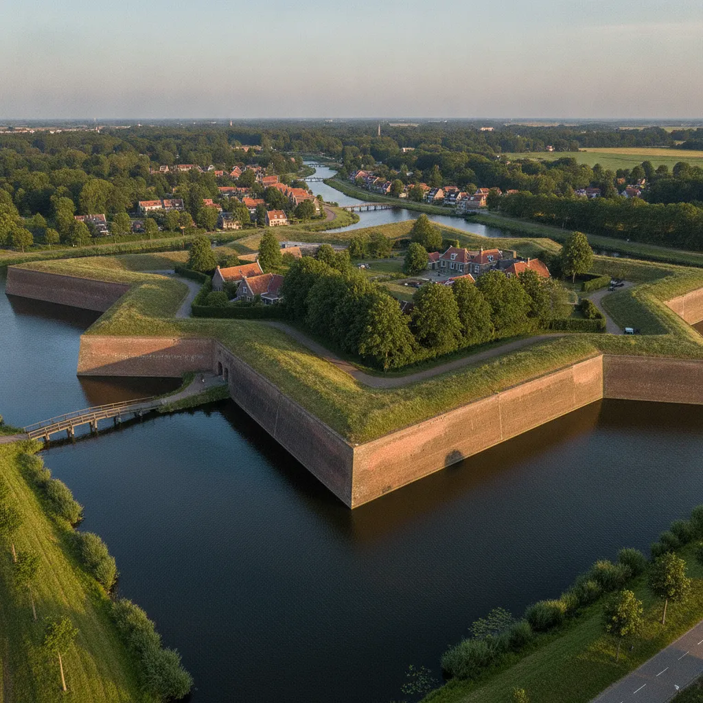 A person walking along the grassy ramparts of Naarden Vesting with the moat and historic town buildings in the background