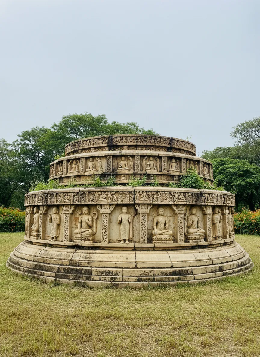 Panoramic view of Nagarjunakonda Island Museum with ancient stupas and structures amidst lush greenery, surrounded by the calm waters of Nagarjuna Sagar Lake.