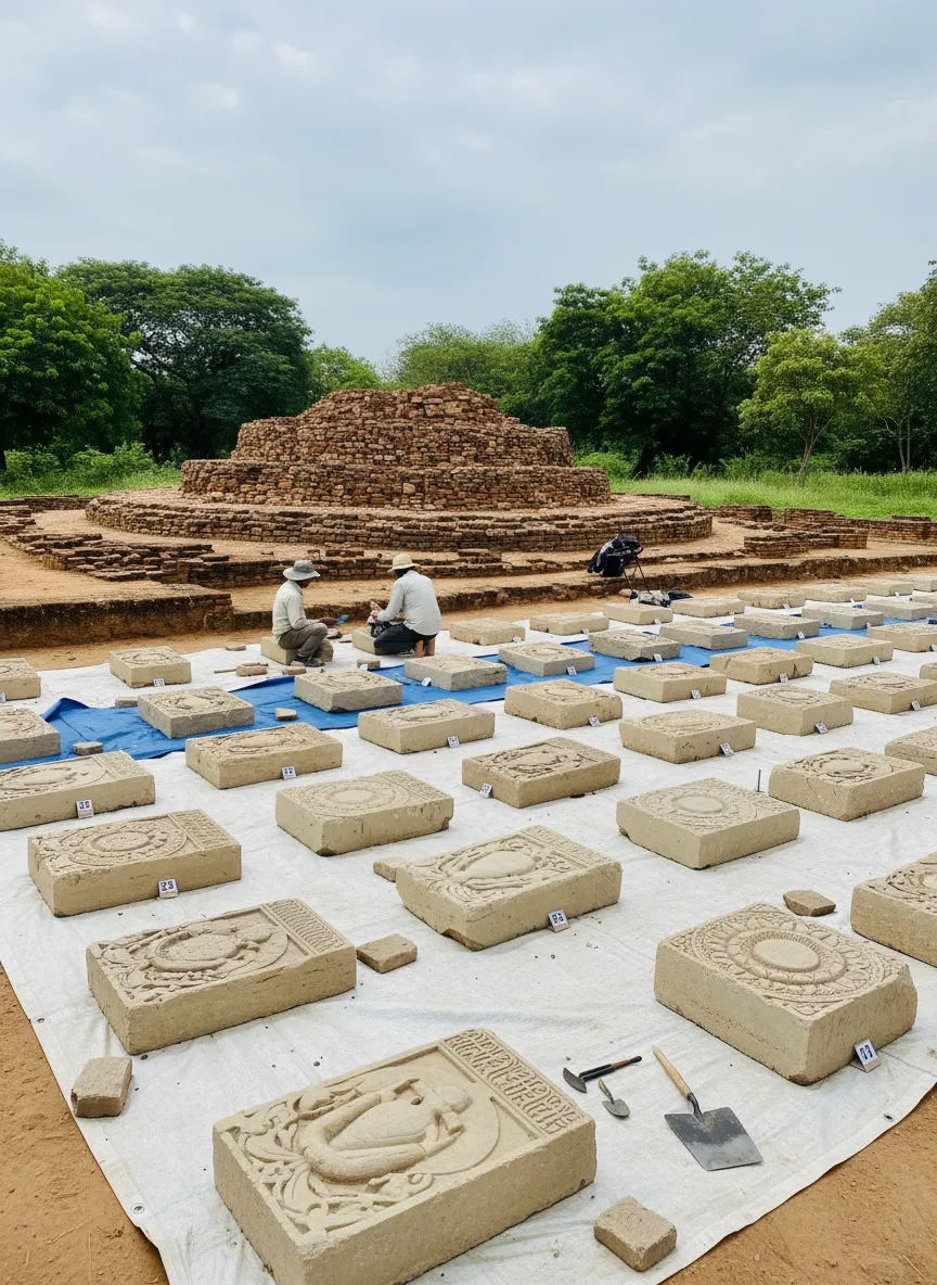 Close-up of intricately carved limestone panels depicting Buddhist narratives and figures at Nagarjunakonda Island Museum.