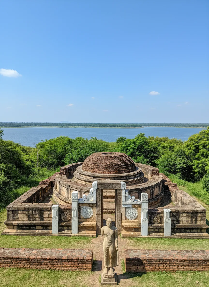 Reconstructed monastic ruins and a stupa on Nagarjunakonda Island, with visitors exploring the ancient site under a clear sky.