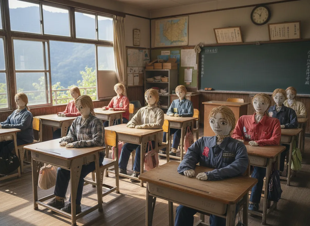 A scarecrow figure of an elderly woman sitting on a bench in Nagoro village, looking out at the mountain scenery.