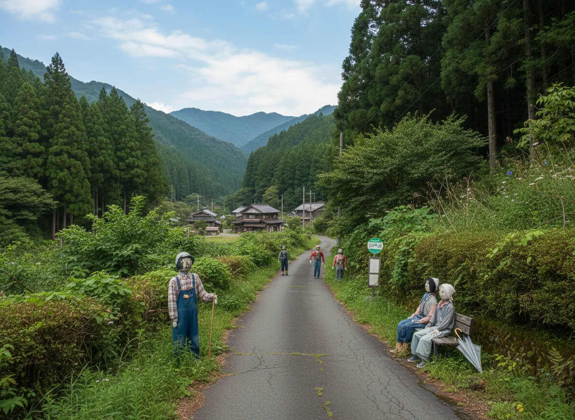 Scarecrow students and a teacher in a classroom at the abandoned Nagoro Elementary School, with desks and chairs.