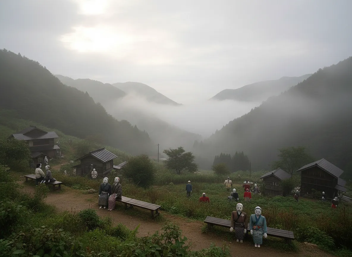 A scarecrow farmer working in a field with mountains in the background, showing the rural setting of Nagoro.