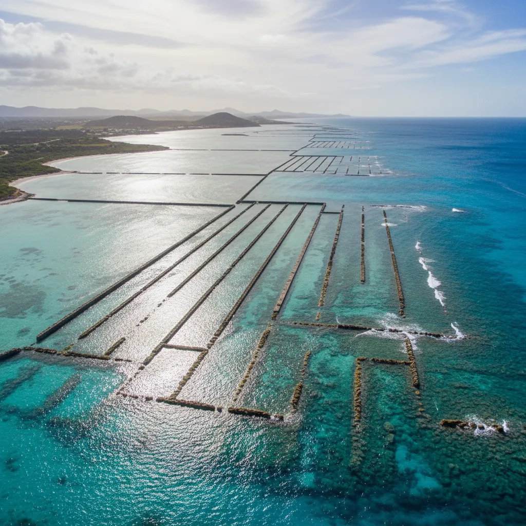 Aerial view of the Naitabale Stone Fish Traps at low tide, showing geometric patterns of stone walls submerged in turquoise water.