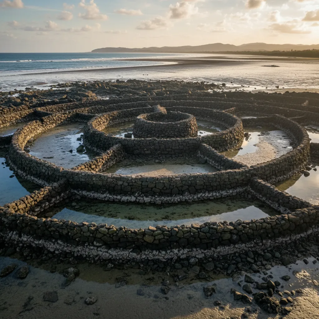 A local Fijian guide explaining the Naitabale fish traps to a small group of tourists, with the ocean and island in the background.