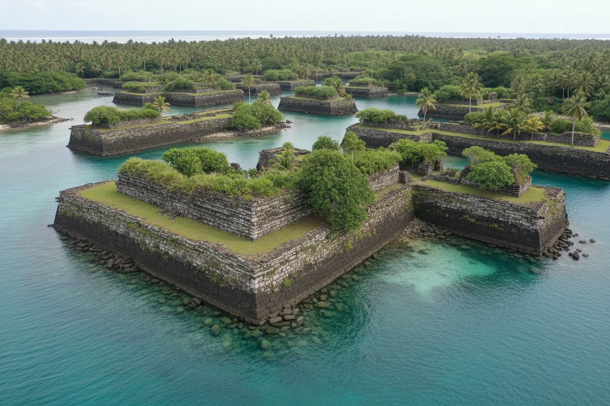 Aerial view of Nan Madol's intricate basalt canals and artificial islands