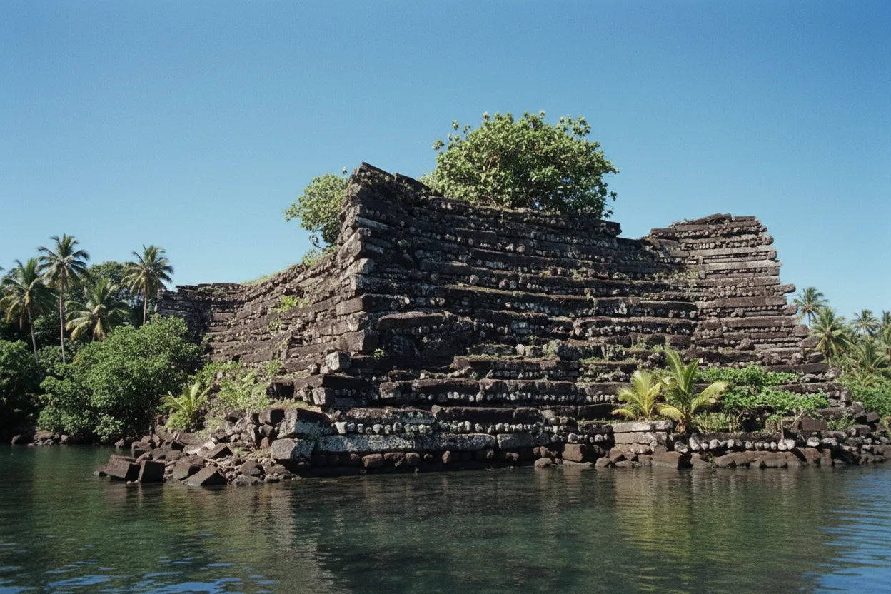 Close-up of Nan Madol's massive columnar basalt walls, showing intricate stacking without mortar
