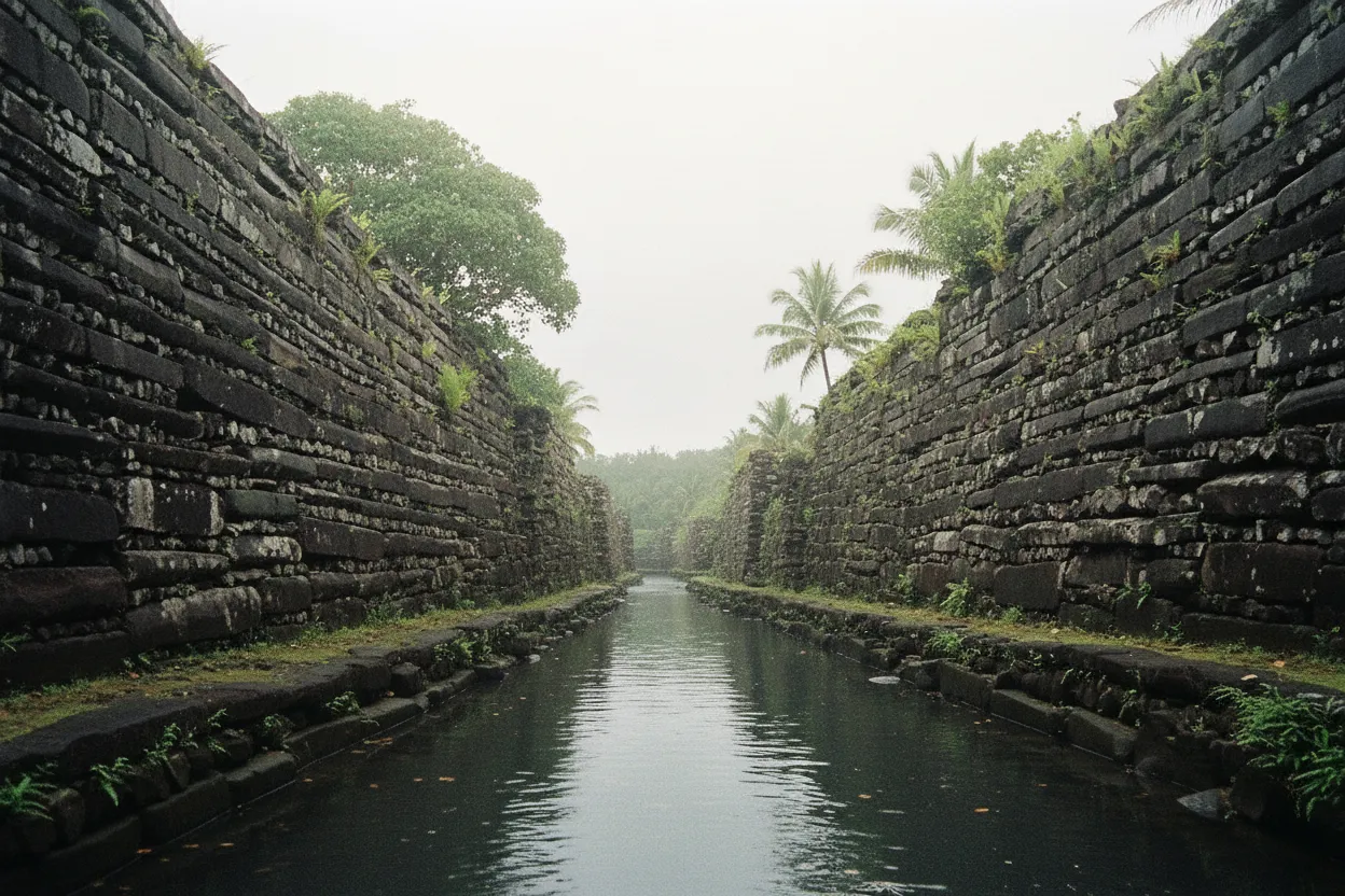 A small boat navigating a narrow canal between Nan Madol's ancient basalt structures, surrounded by lush mangroves