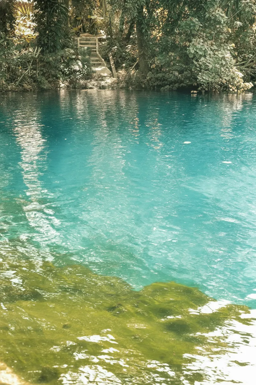 Close-up shot of the incredibly clear, vibrant blue water of Nanda Blue Hole, showing reflections of the surrounding jungle.