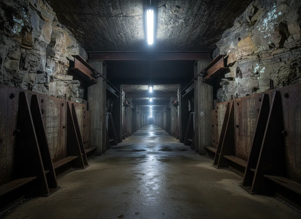 Massive blast door entrance to the NATO Communication Bunker Diefenbach, showing thick steel and concrete