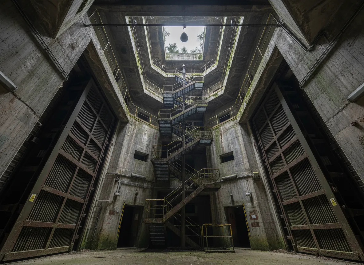 Interior view of a control room inside the NATO bunker, showing vintage communication equipment and consoles
