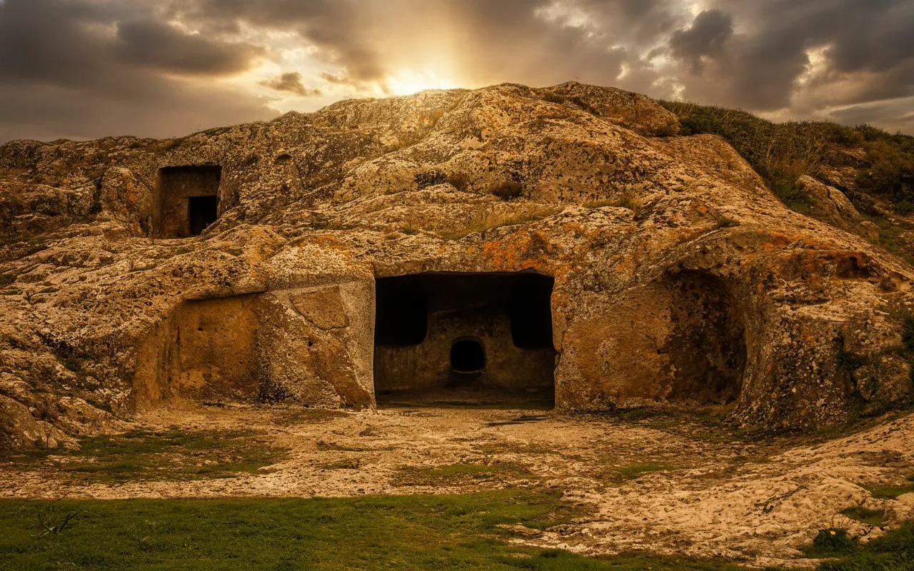 This ancient Sardinian hillside is riddled with over forty 'fairy houses,' intricate rock-cut tombs from a civilization that predates Rome, carved directly into the face of the earth.