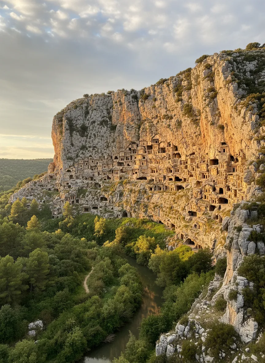 Thousands of ancient cave tombs, carved into the sheer, honeycombed cliffs of a dramatic river canyon, form one of Europe's most extensive and breathtaking prehistoric necropolises.