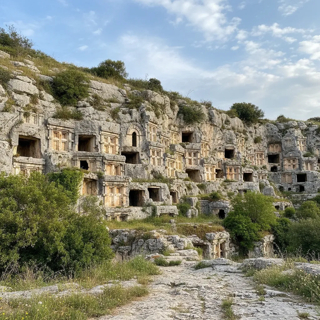 Panoramic view of Pantalica showing thousands of rock-cut tombs in the cliff face of a dramatic river canyon, with lush green vegetation