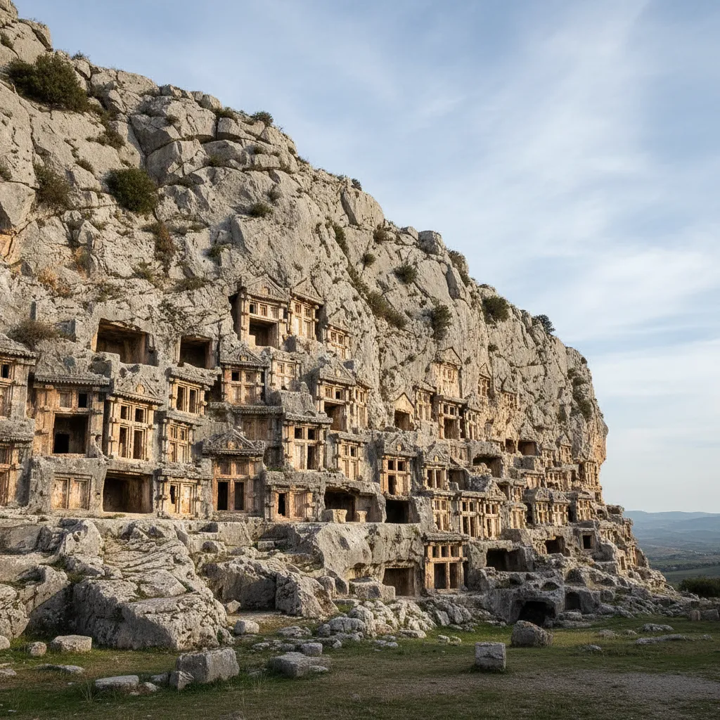 Close-up of several rock-cut tomb entrances at Pantalica, showing the intricate carvings and the golden hue of the limestone cliffs