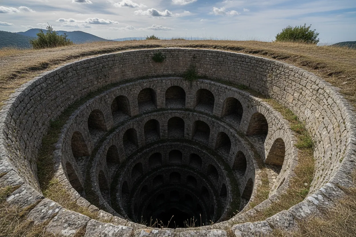 Entrance to a Neviere del Terminillo, showing a stone-arched opening leading into a dark cavern.