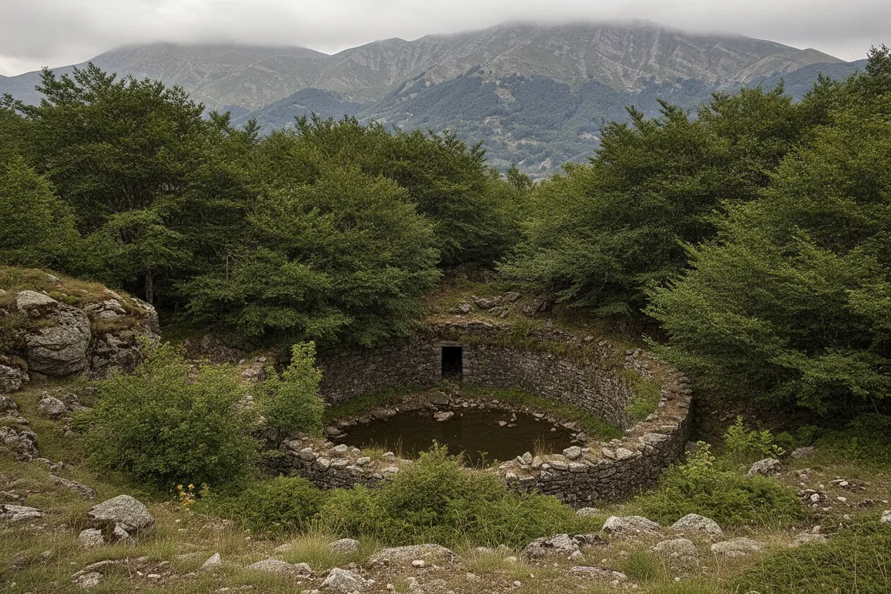 Panoramic view of the Apennine mountains around Terminillo, with lush forests and distant peaks, suggesting the remote beauty of the neviere location.