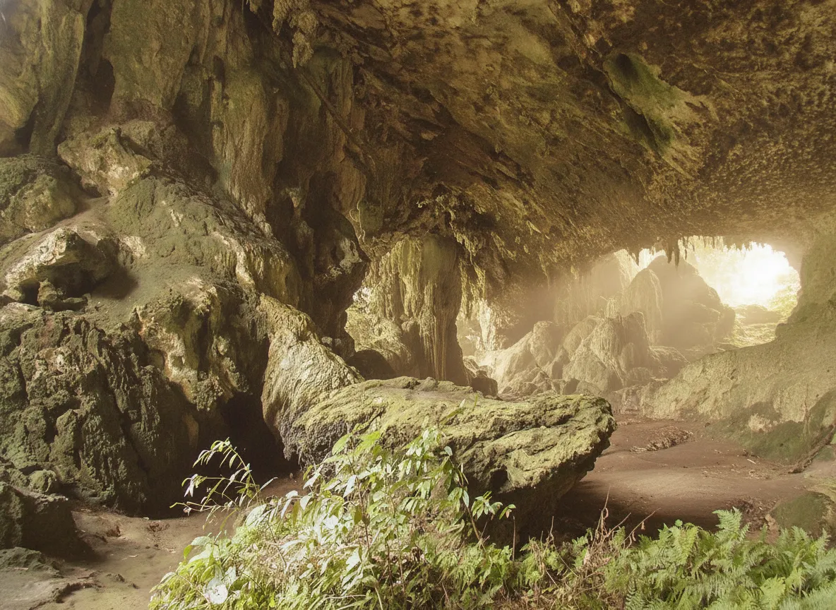 Vast interior of Niah Great Cave with tiny human figures on a boardwalk, showing immense scale.
