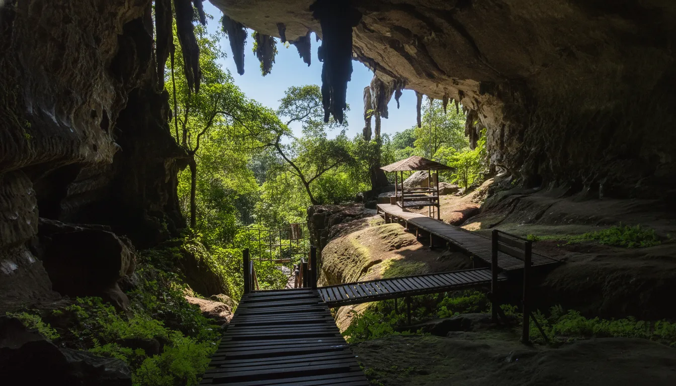 Inside Niah Great Cave, showing vast open space with light filtering in, a wooden boardwalk, and a distant bamboo scaffold.