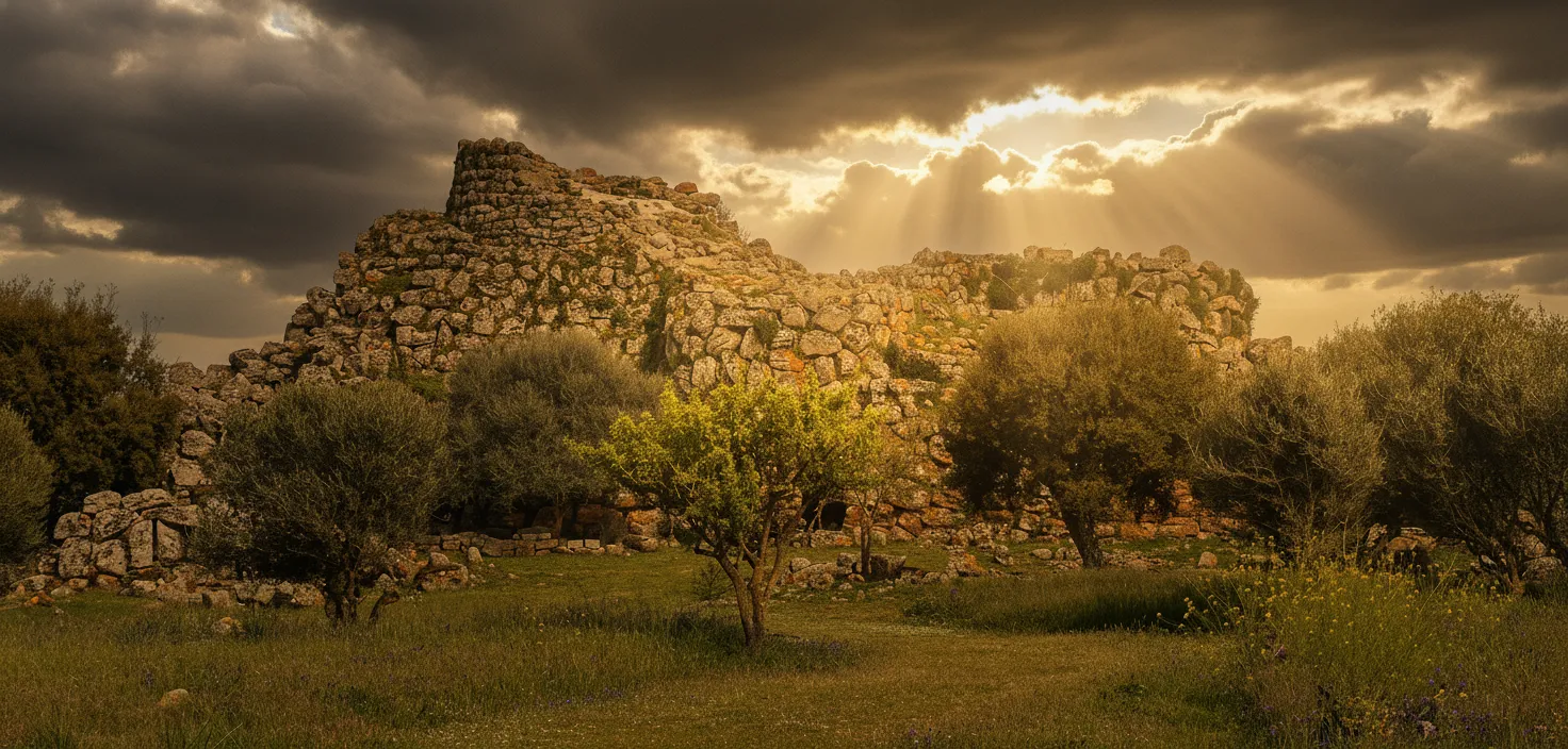Deep in the heart of Sardinia, a colossal Bronze Age fortress rises like a forgotten titan, its stones stained red with lichen, whispering tales of a vanished civilization.
