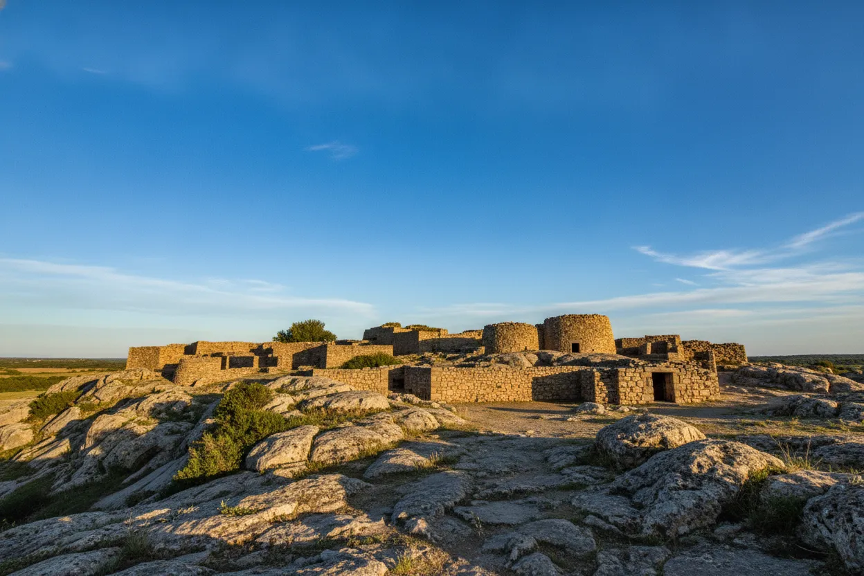 Panoramic view of Nuraghe Arrubiu, showing its vast complex and reddish stones against a sweeping Sardinian landscape.