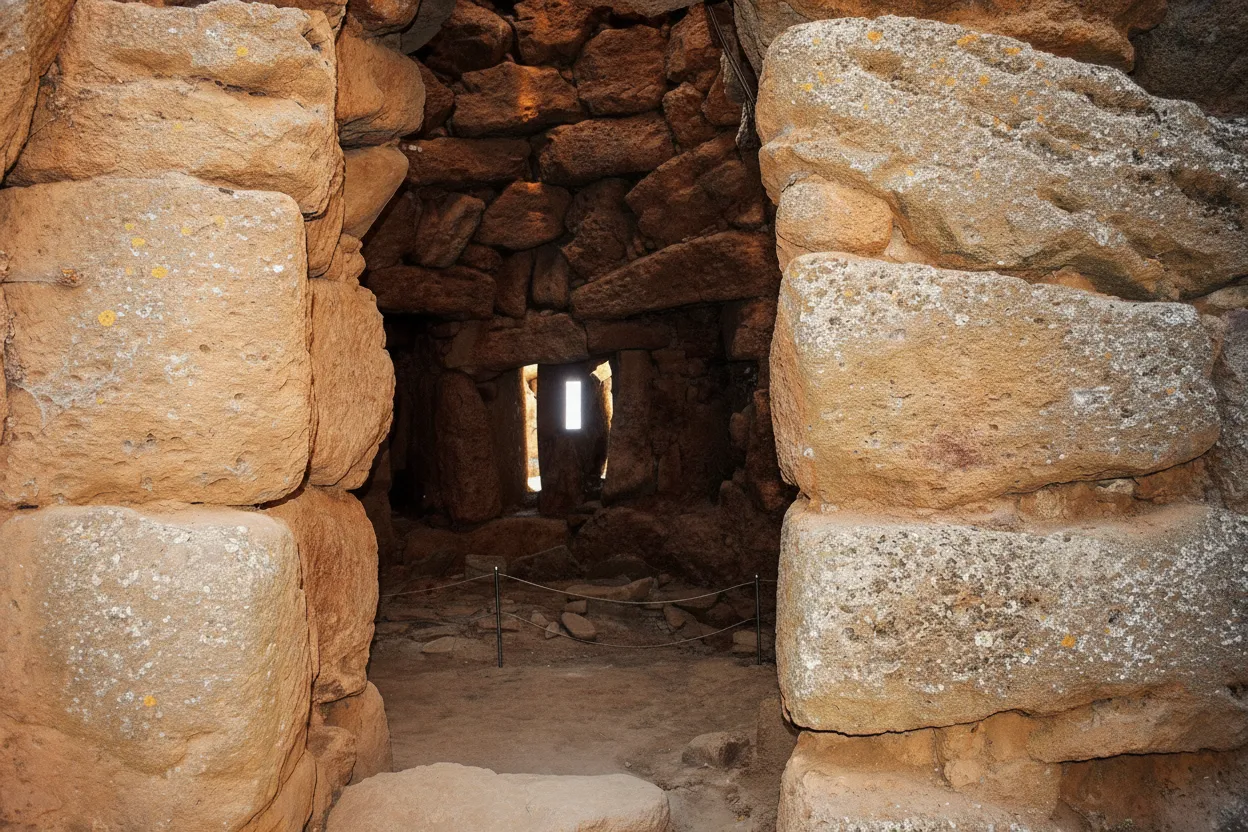 Interior view of Nuraghe Arrubiu, showing a dimly lit, corbel-vaulted corridor made of massive, expertly fitted stone blocks.
