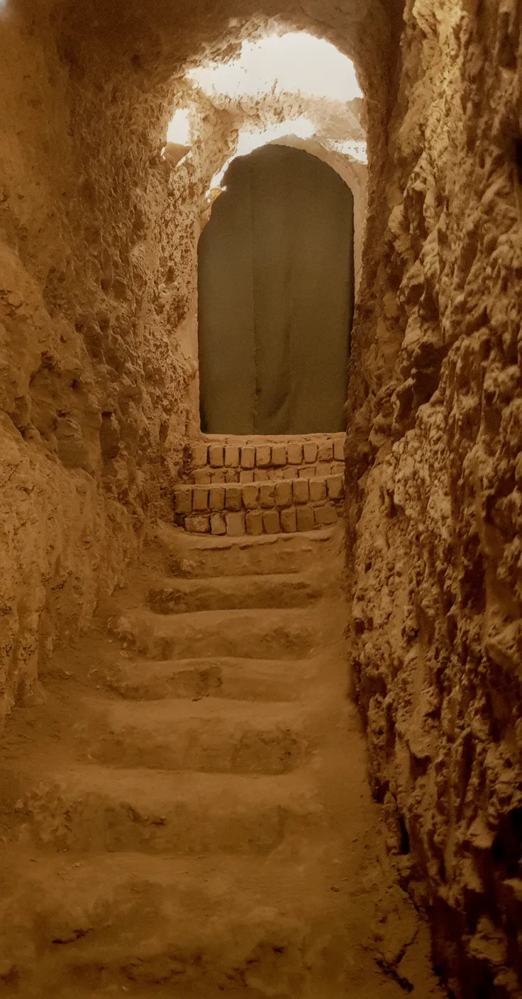 Narrow, dimly lit tunnel leading deeper into the Nushabad Underground City, showcasing the ancient excavation work.