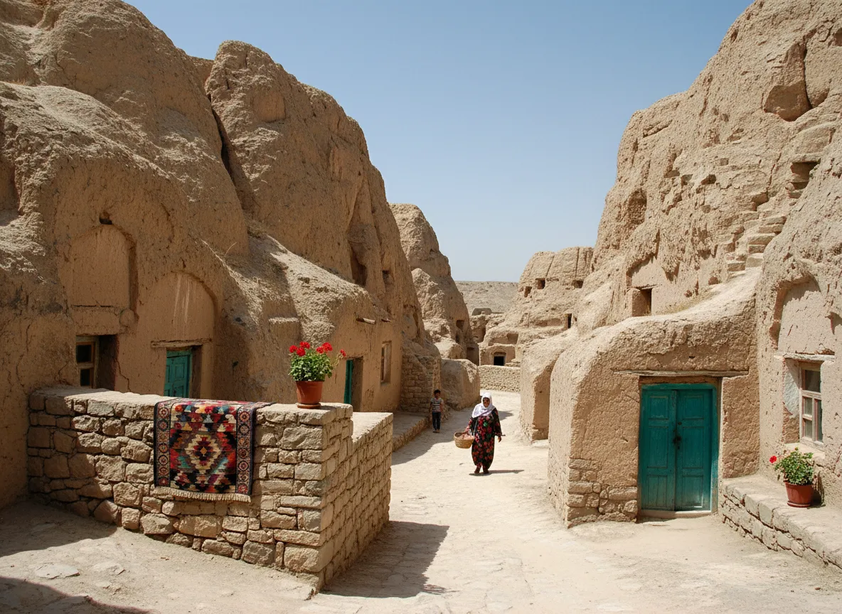A panoramic view of Nushkhara village nestled within the ancient Nurata Fortress walls, with mountains in the background.