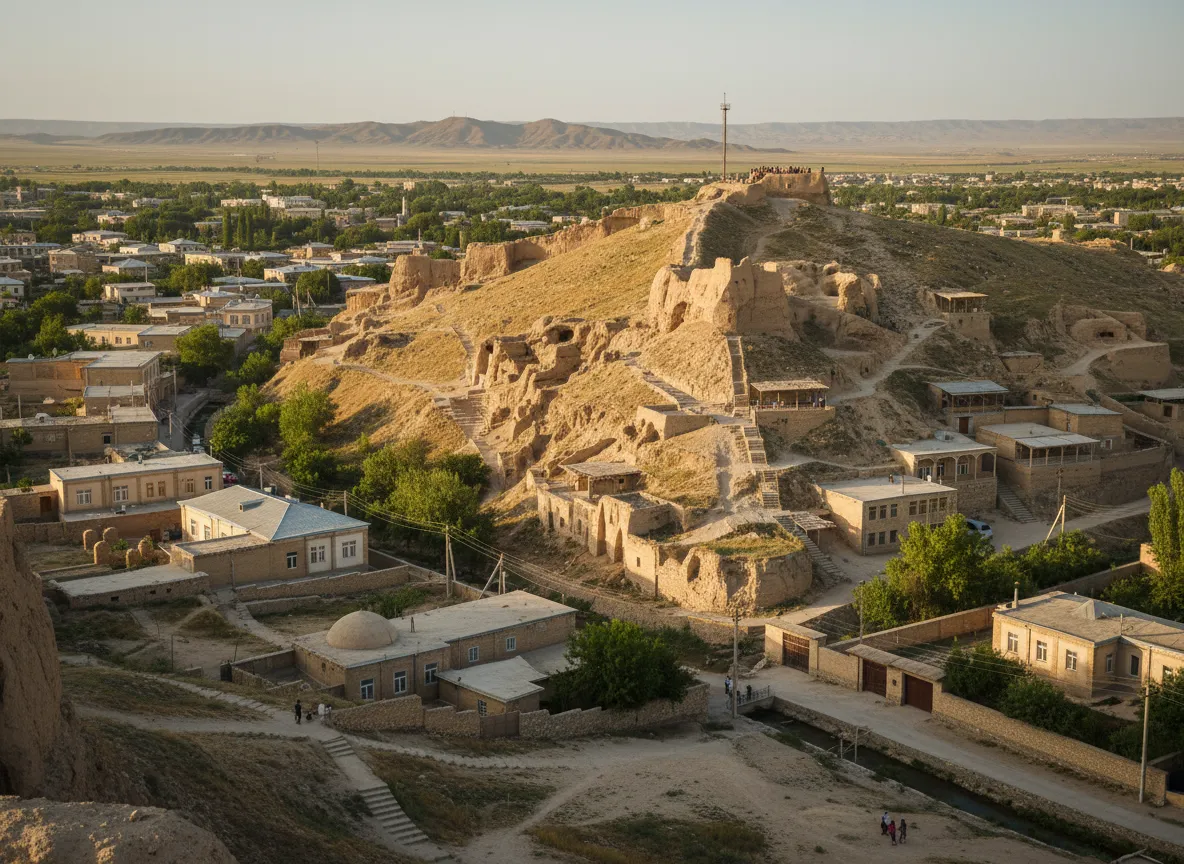 A local woman in traditional attire walking through a sun-drenched alleyway in Nushkhara.