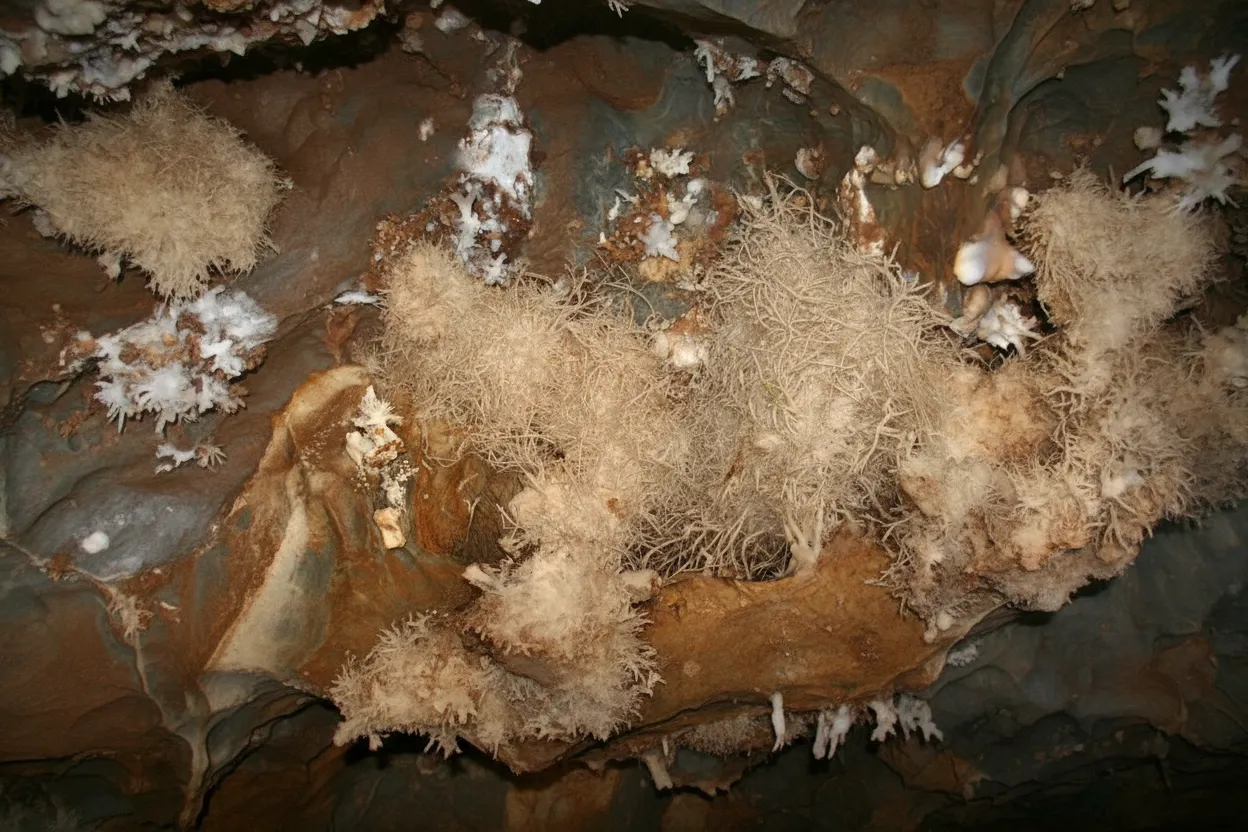 Intricate white aragonite formations resembling coral in Ochtinská Aragonitová Jaskyňa