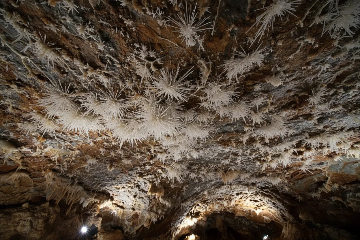 Delicate, branching aragonite structures resembling white coral or bushes inside the Ochtinská Aragonitová Jaskyňa