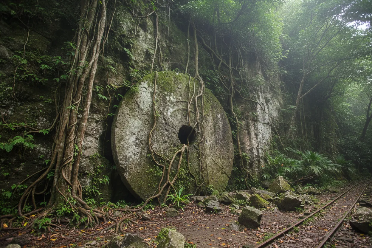 A partially carved, giant Rai stone still embedded in a jungle cliff face at Ollei Stone Money Quarries in Palau.