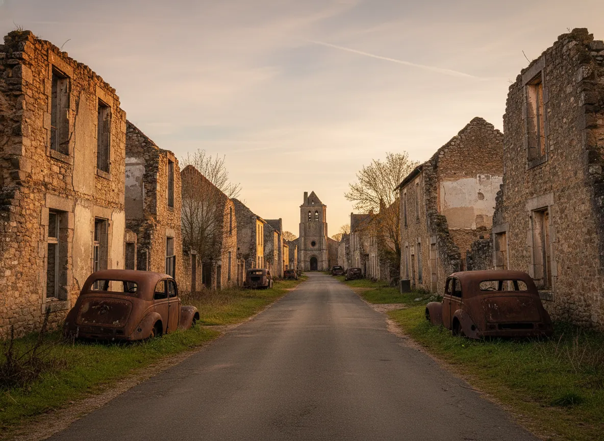 The quiet, haunting ruins of this French village stand exactly as they were left on a summer day in 1944, a permanent scar of wartime brutality.