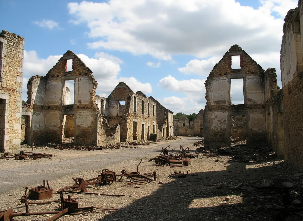 Burned out car rusting in the ruins of Oradour-sur-Glane, a somber reminder of the 1944 massacre.