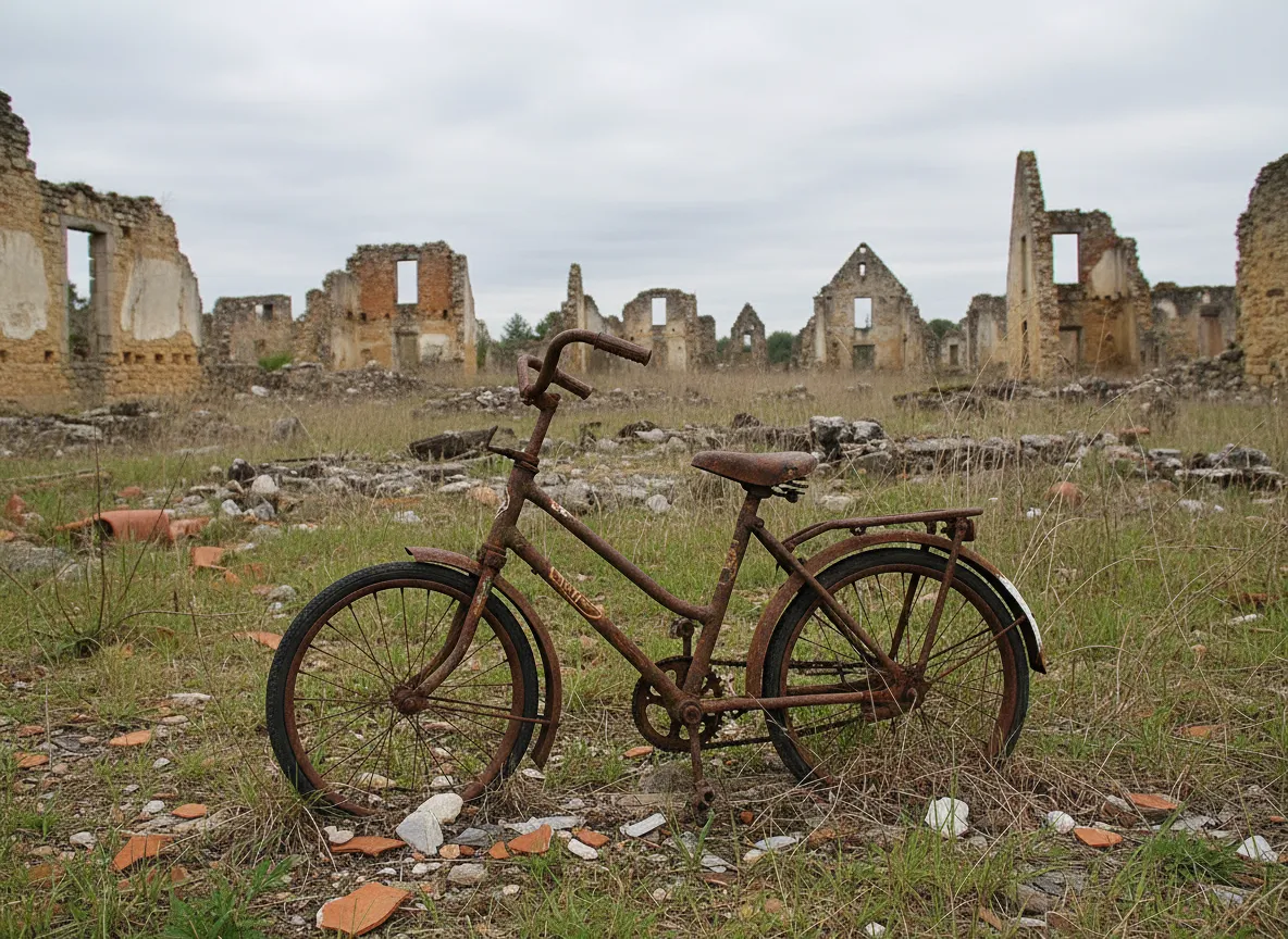 A quiet street in the preserved village of Oradour-sur-Glane, with overgrown vegetation and remnants of homes.