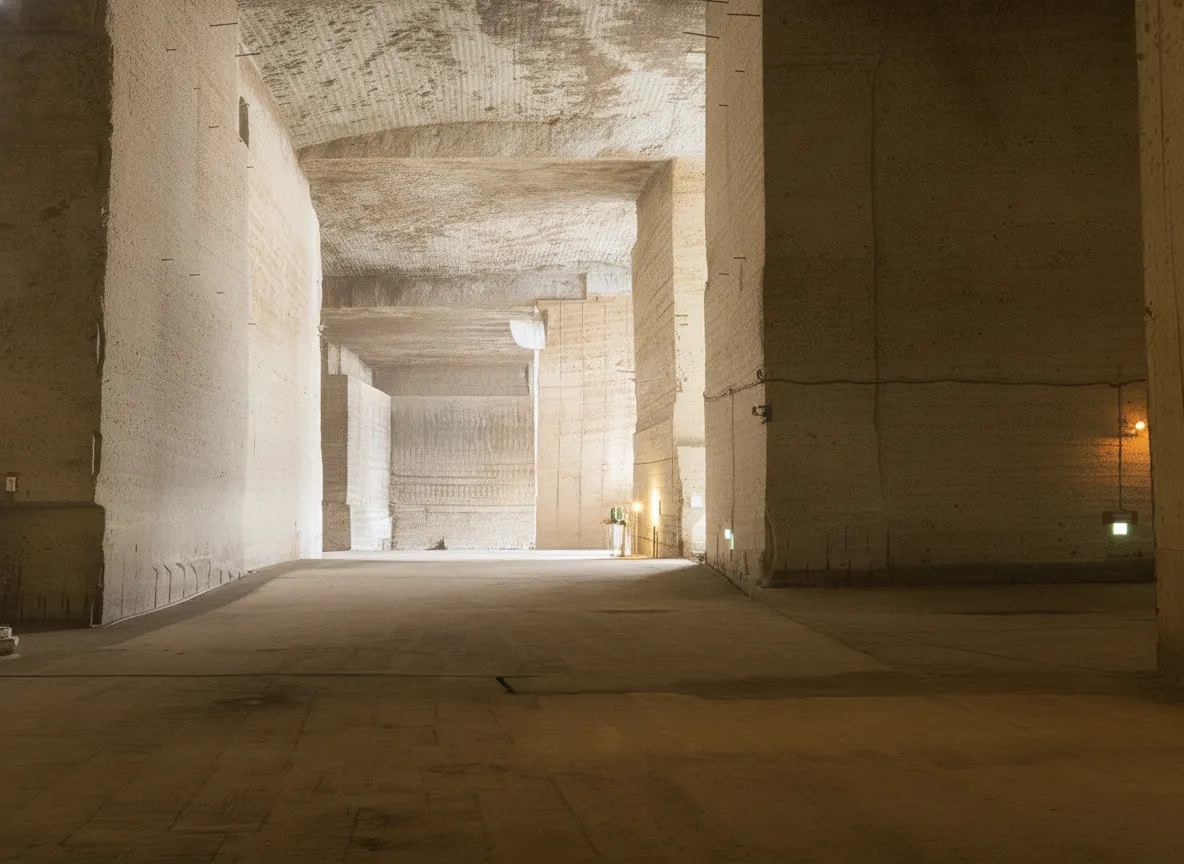Vast underground cavern with towering rock columns illuminated by dramatic lights at Oya History Museum