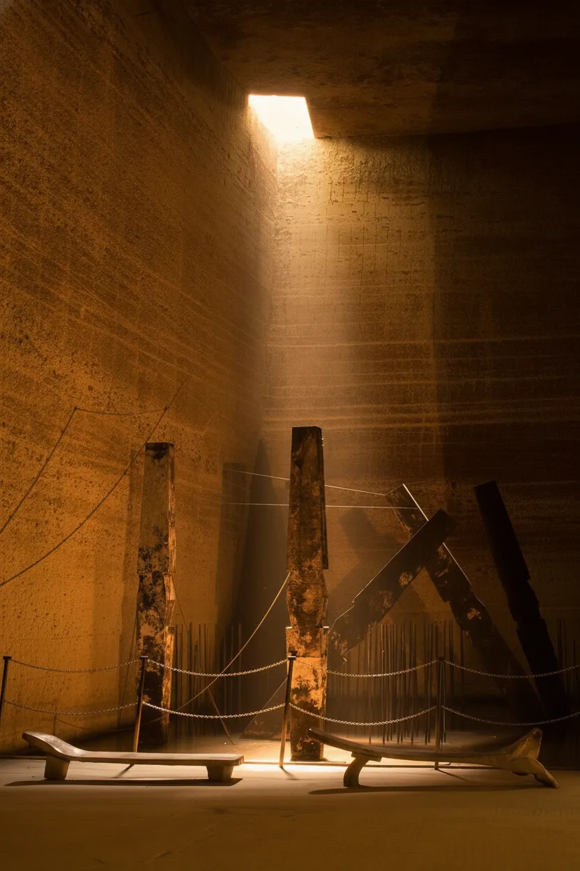 Dramatic lighting illuminating a vast, open space within the Oya History Museum and Underground Quarry, showcasing carved rock walls