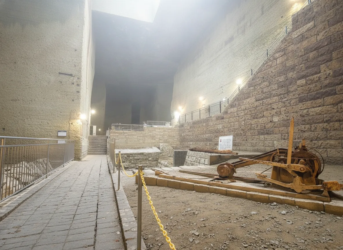 Visitors exploring a well-lit pathway inside the cool, subterranean Oya History Museum and Underground Quarry